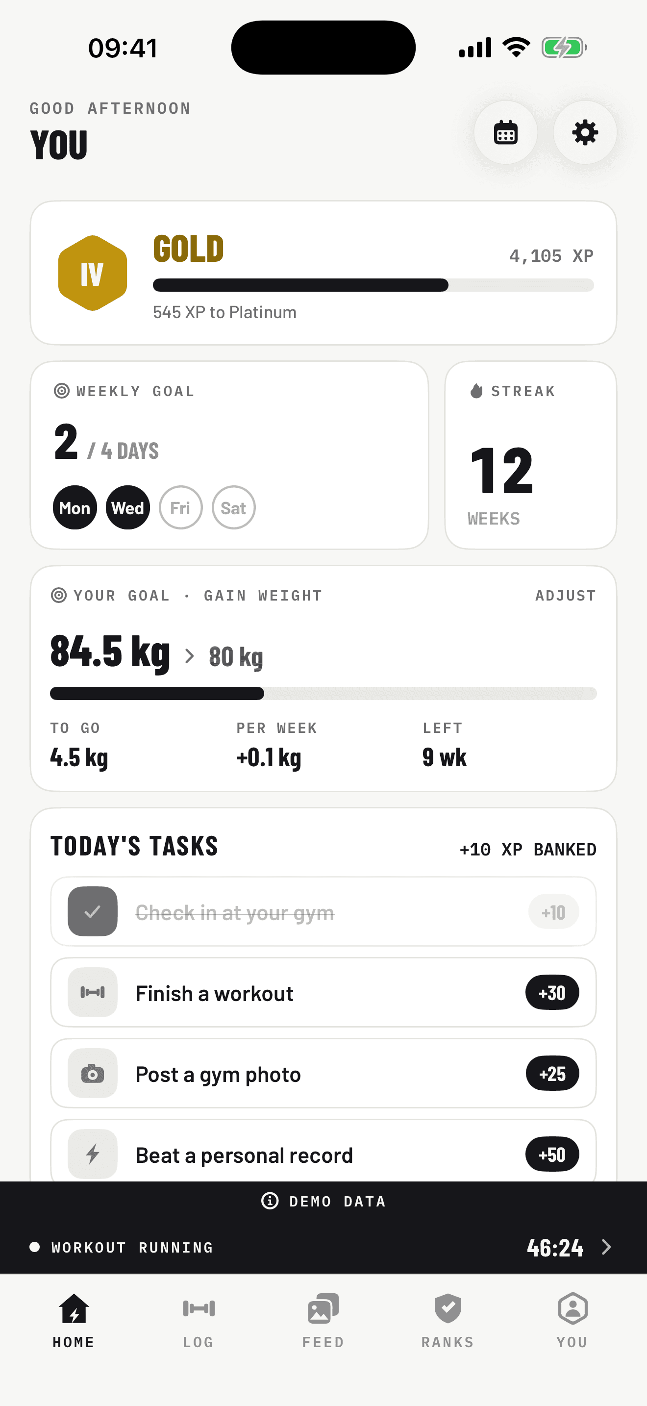 Repout home screen showing Gold rank, weekly goal, streak, weight goal and workout tasks